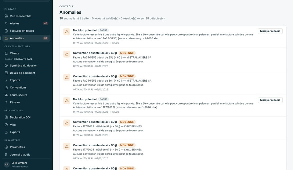 Écran des anomalies DelaiPay avec une liste de factures à vérifier dans un dossier de démonstration fictif.