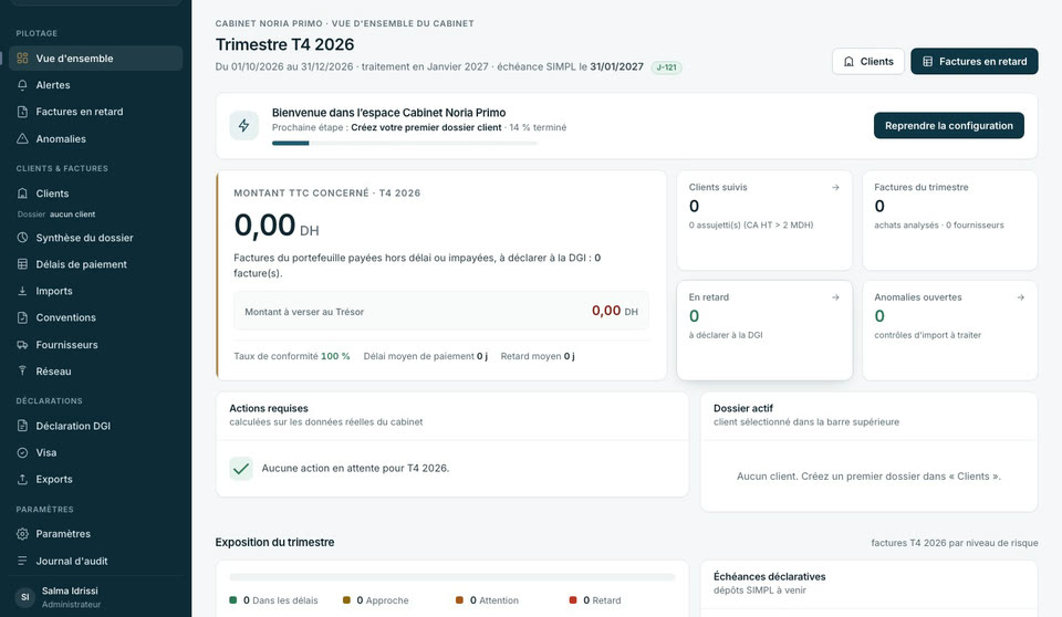 Espace du cabinet fictif Noria Primo à son nom, au premier démarrage : navigation et vue d’ensemble de l’application.